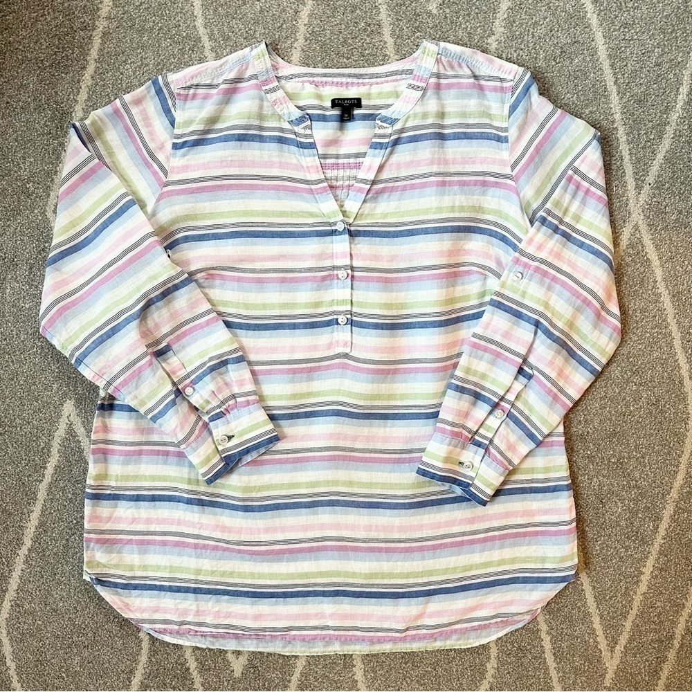 Talbots White Pink Blue Mint Striped Linen Tunic Top